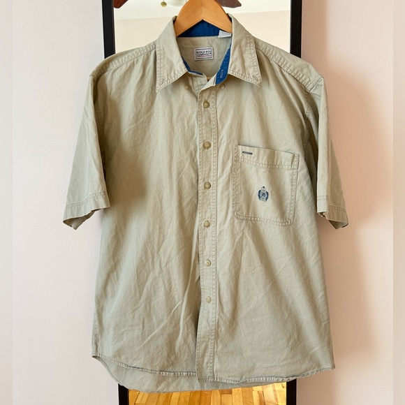 Vintage 90s Bugle Boy khaki cream tan button down short sleeve shirt earth tones - Picture 10 of 11
